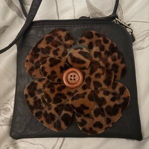 Leopard Print Flower Black Leather Mini Crossbody Bag